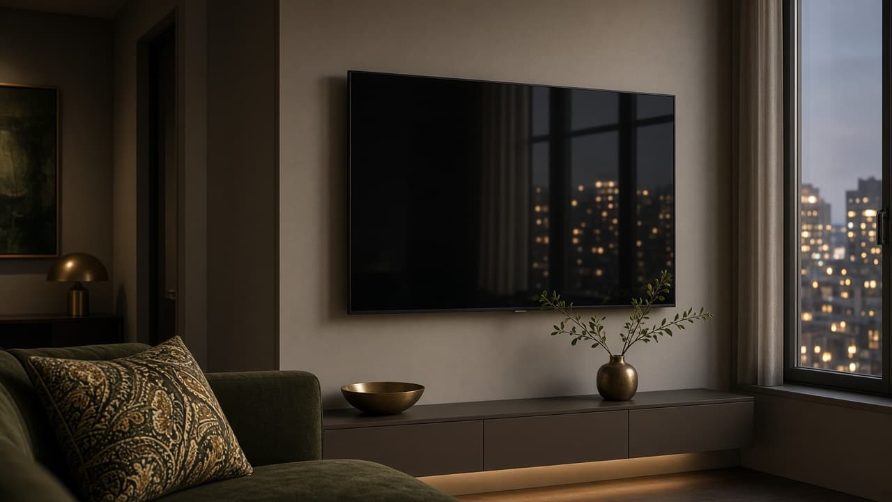 A dark wall-mounted television in a quiet apartment, with city lights outside.