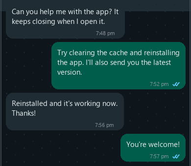WhatsApp chat. A viewer says the app was closing, then worked after a reinstall.