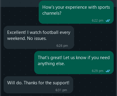 WhatsApp chat. A viewer says football at the weekend has had no issues.