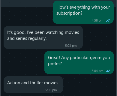 WhatsApp chat. A viewer says they watch movies and series, and prefer action and thriller.