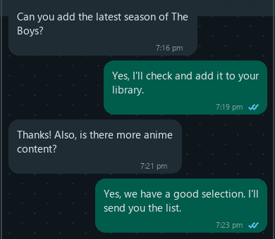 WhatsApp chat. A viewer asks about a series season and about anime.