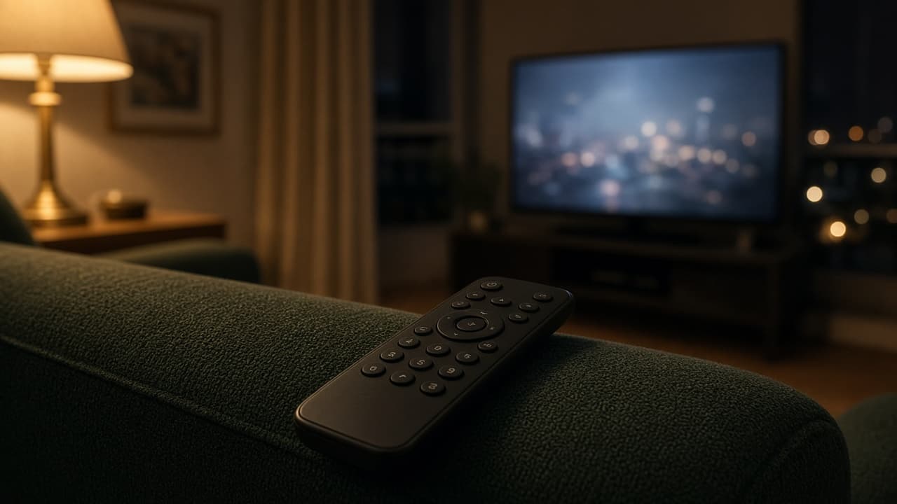A plain black remote on a dark green sofa, with a television softly out of focus.