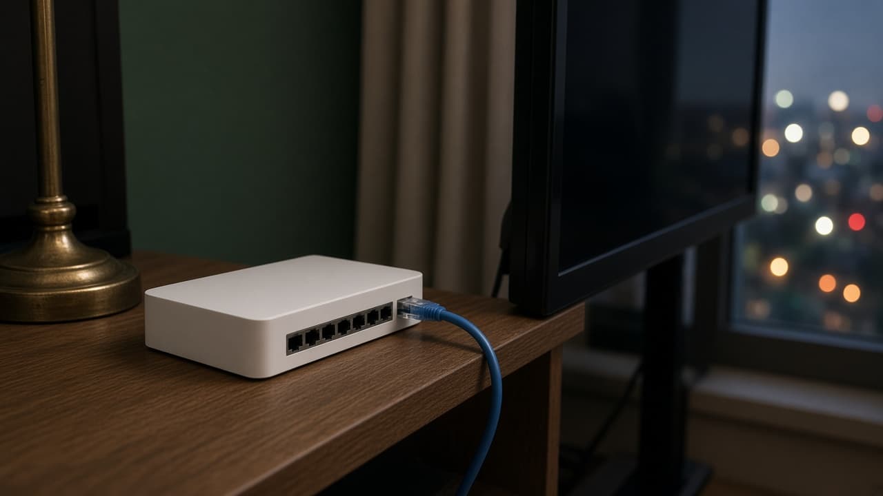 A plain router with a blue cable beside a dark television and a window of city lights.