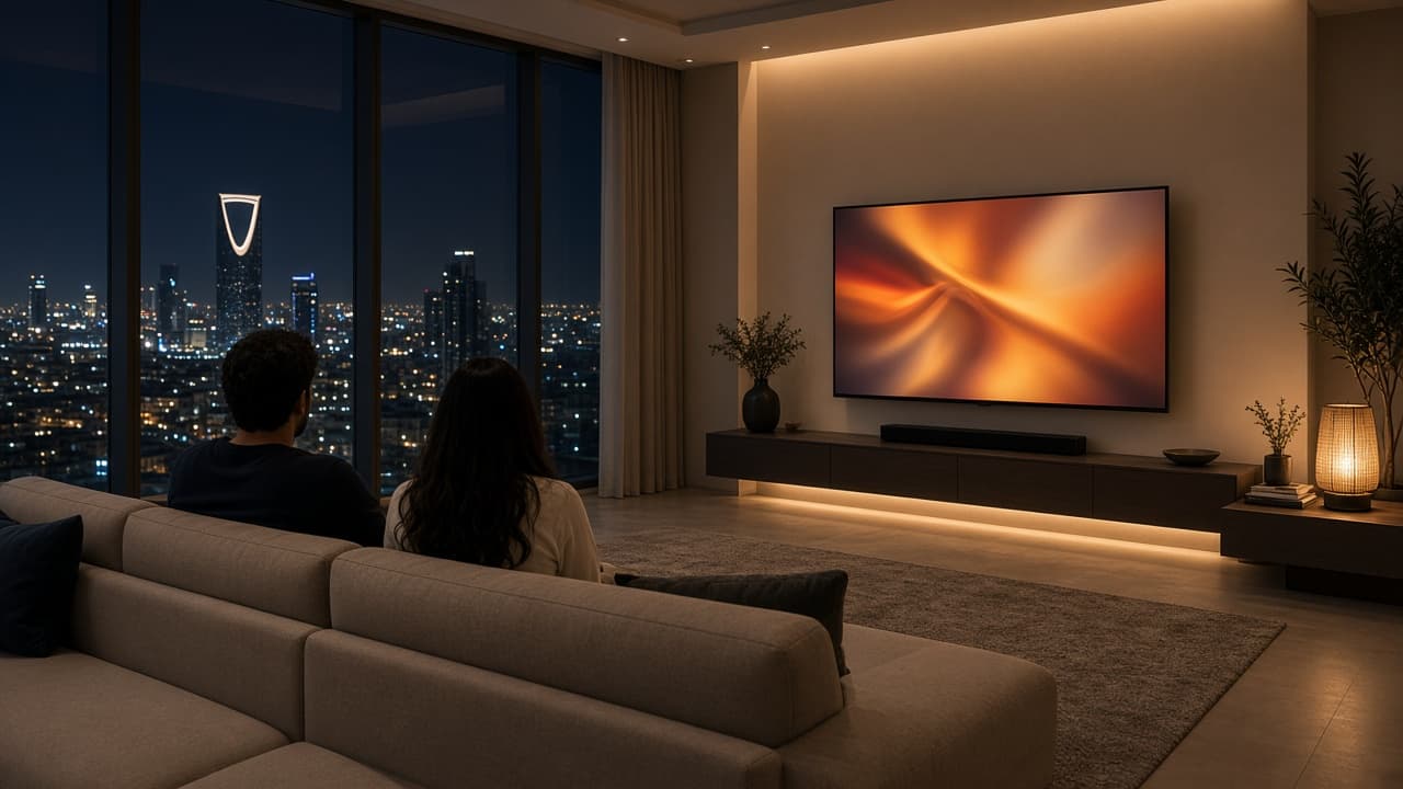 Two people on a sofa in a Riyadh apartment at night, watching a television that shows only warm color.